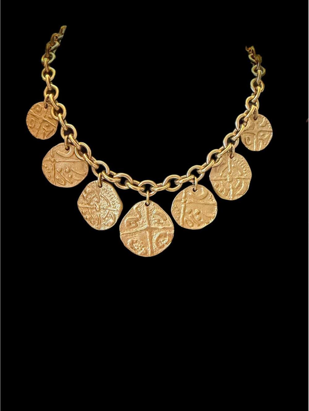 Vintage Monet Signed Statement Piece, Matte gold Hieroglyphics Faux Coin